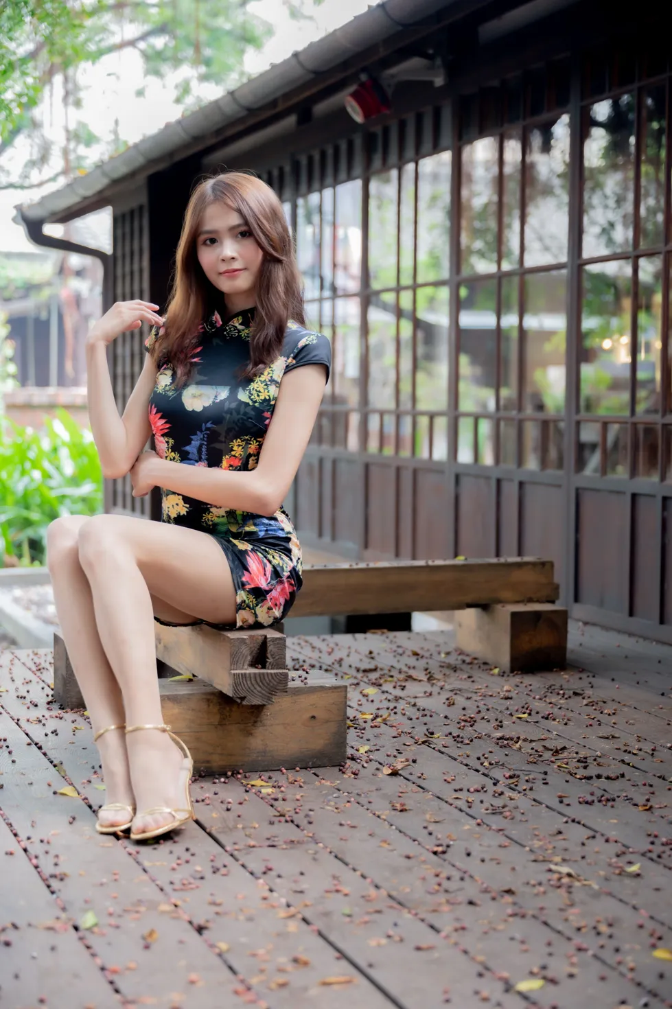 [Mzsock] NO.202 He Jiaxin black flower short cheongsam stockings high heels beautiful legs street photography#[97P]-33